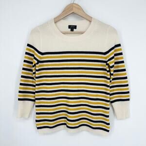 J. Crew 100% Cashmere Everyday Striped Crew Neck Sweater 3/4 Sleeve Preppy